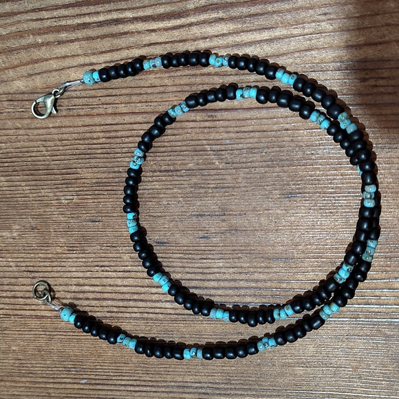 Black and Turquoise Beaded Necklace, Handmade Men's Necklace, Black - Picture 6 of 6